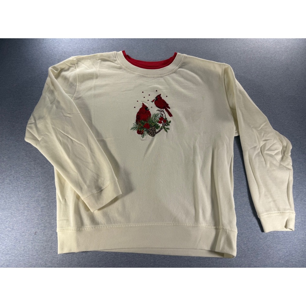 Bua Bua Womens XXL Cream Cardinal Embroidered Sweatshirt Red Trim Holiday